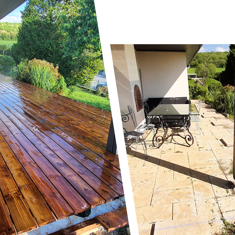 Terrasses avant après Terrasse neuve en bois à gauche, ancienne terrasse en pierre à droite, jardin verdoyant en arrière-plan.